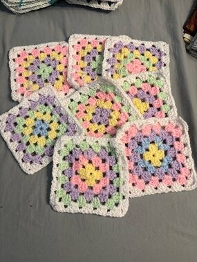 8 Handmade Crochet Granny Squares in Pastel Colors